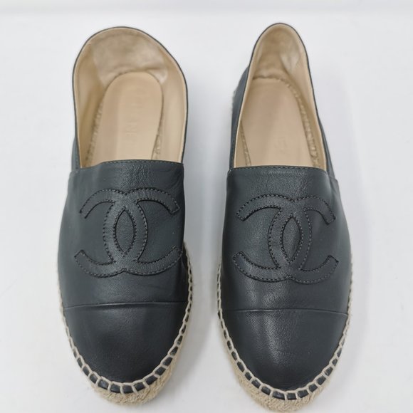 CHANEL Lambskin Espadrilles Logo Cap Toe Double Stack Flats - Picture 3 of 11